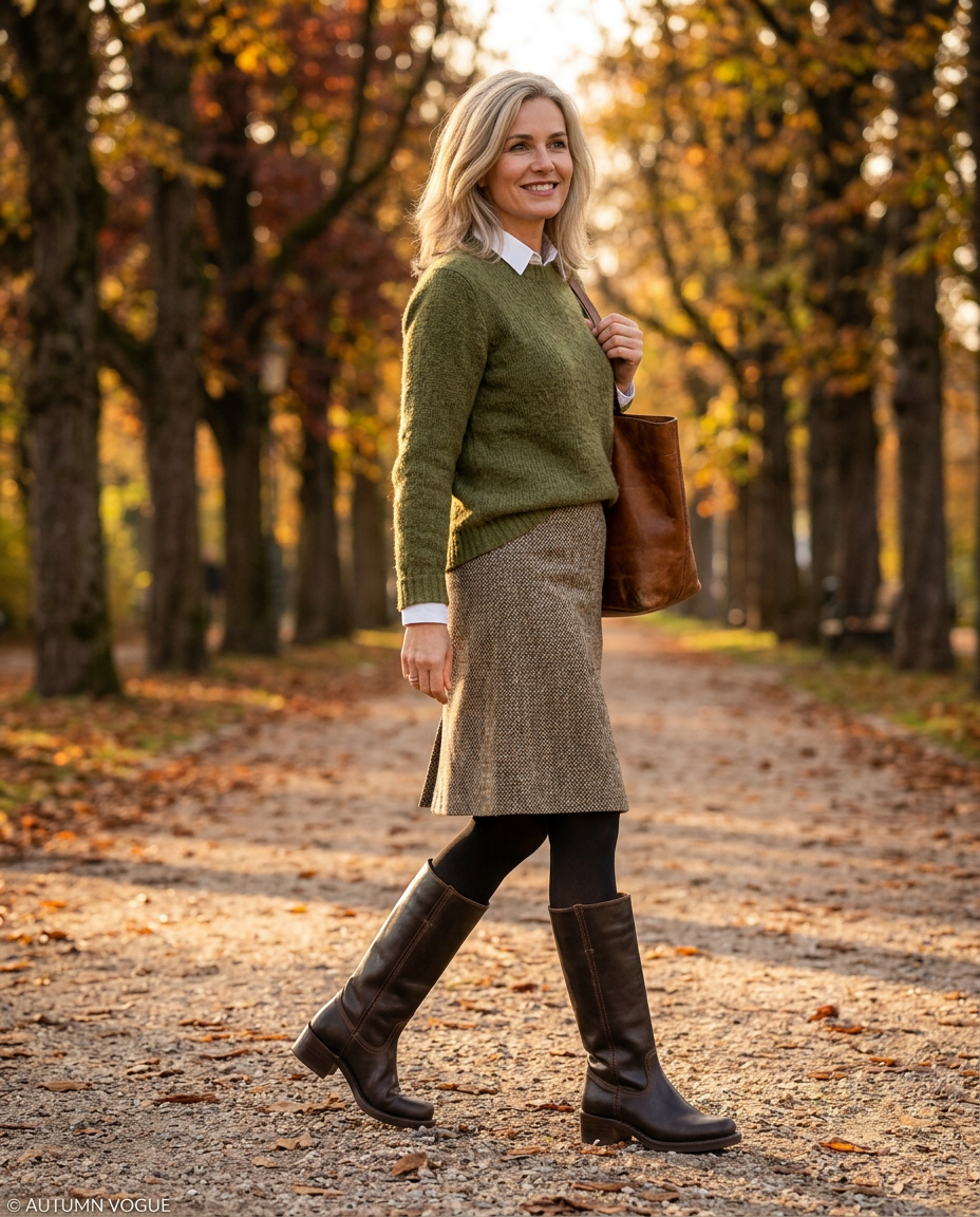 Júlia – western čižmy pod kolená na modelke na jesennej aleji