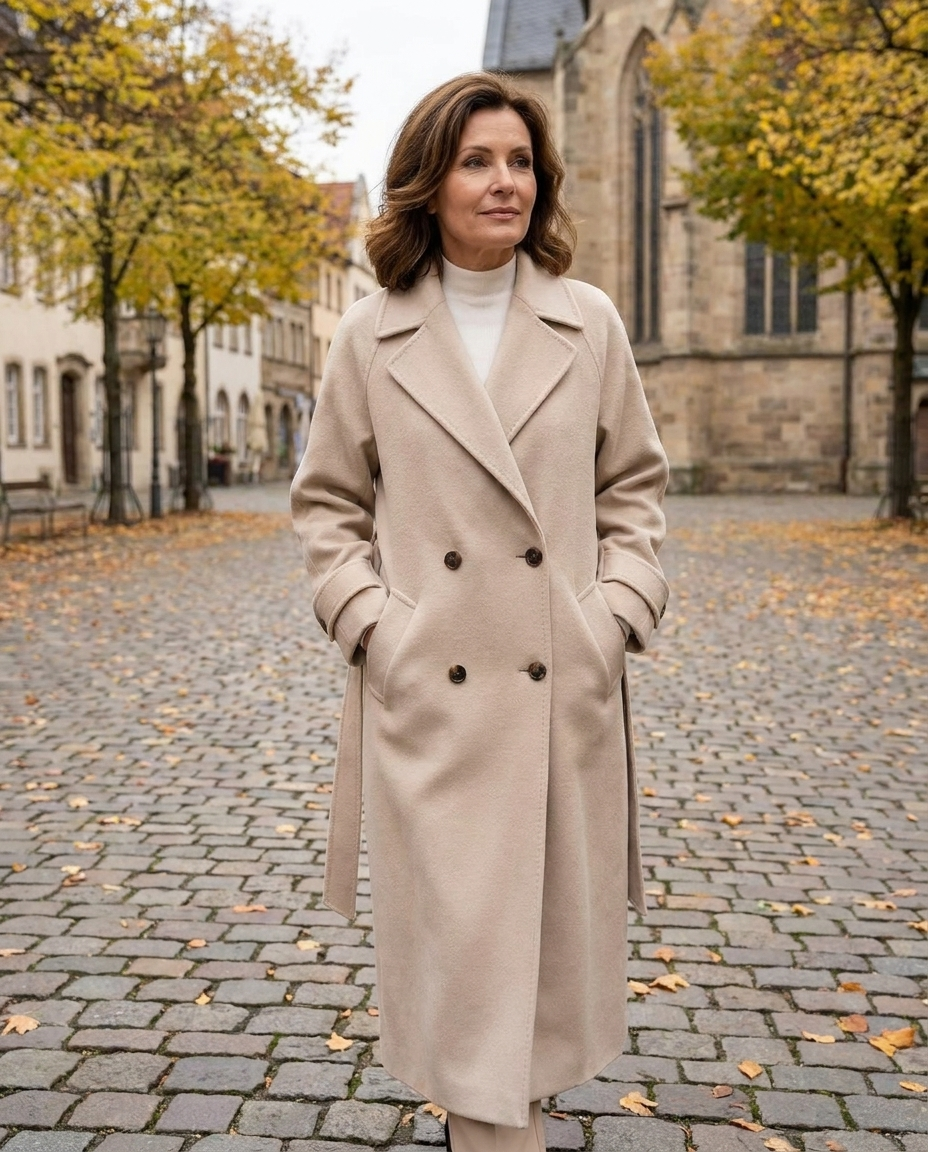 Terézia – dlhý vlnený kabát na modelke na historickom námestí