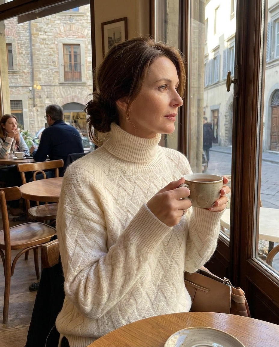 Milena – dámsky rolák s vrkočovým vzorom na modelke v kaviarni